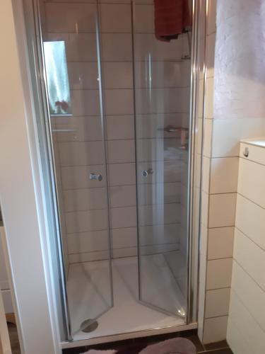 a shower with a glass door in a bathroom at Pension Sander in Bispingen