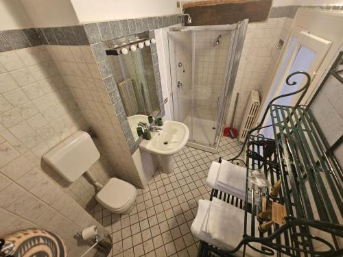 a bathroom with a sink and a toilet and a shower at Il Cortiletto- Le Piazze in Brescia