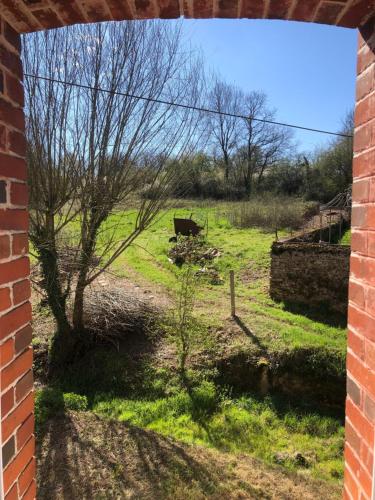 a view of a field with a cow in the distance at Moulin de Saint-Civran in Saint-Civran