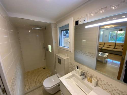 une salle de bain avec toilettes, lavabo et miroir dans l'établissement Villa Lily à 10 min de l'aéroport de Nice, à Cagnes-sur-Mer