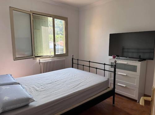 une chambre avec un lit et une télévision à écran plat dans l'établissement Villa Lily à 10 min de l'aéroport de Nice, à Cagnes-sur-Mer