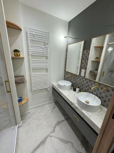 une salle de bain avec deux lavabos et un grand miroir dans l'établissement Le Refuge des Skieurs Le Mont Dore 4/6pers, à Le Mont-Dore