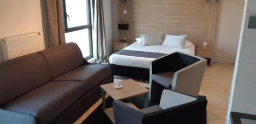 a living room with a couch and a bed at Twenty Business Flats Lille Grand Stade in Villeneuve d'Ascq