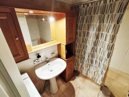 a bathroom with a sink and a shower curtain at Cosy Apartment with patio in Athens