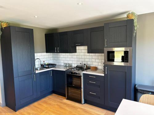 kuchnia z niebieskimi szafkami i urządzeniami w obiekcie Countryside Chalet near Glasgow w Glasgow
