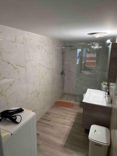 uma casa de banho com um lavatório e um chuveiro em Elegant XL Apartment In Koukaki em Atenas