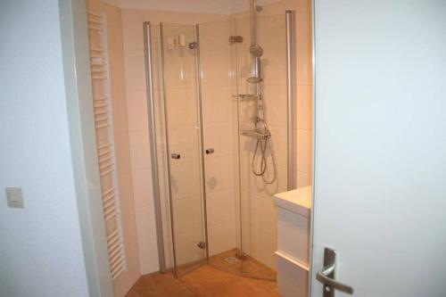 eine Dusche mit Glastür im Badezimmer in der Unterkunft Liguster 59* in Nieuwvliet