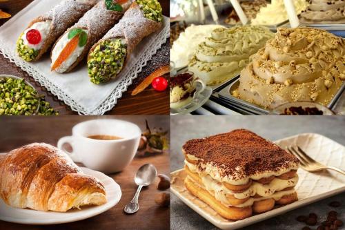 a collage of pictures of cakes and pastries and coffee at La Coccinella in Graniti