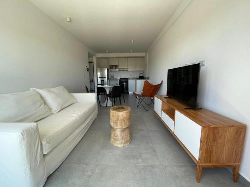 a living room with a white couch and a flat screen tv at Apartemanto Luxury vistas Nqn 1 bed in Neuquén