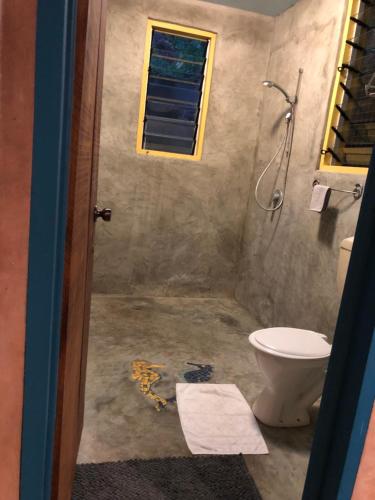 a bathroom with a shower and a toilet at Limericks by the Sea in Savusavu