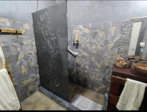 a bathroom with a shower with a stone wall at Pomancillo Ecolodge 