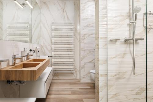 W łazience znajduje się umywalka i prysznic. w obiekcie Skylark Central Aparthotel w Braszowie