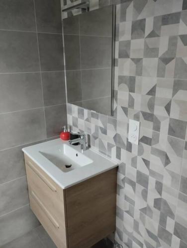 une salle de bain avec un lavabo et un miroir dans l'établissement Studio tout neuf proche Rennes, à Saint-Grégoire
