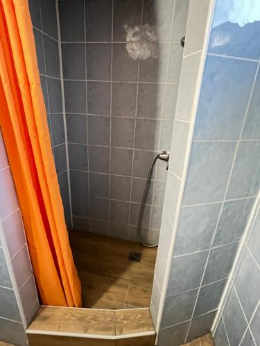 a shower with an orange shower curtain in a bathroom at Ubytování Sýkora Apartments in Veľký Meder