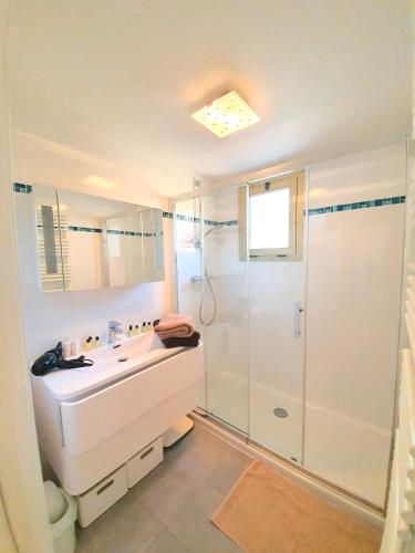 une salle de bain avec un lavabo blanc et une douche dans l'établissement Petit Juas by Welcome to Cannes, à Cannes