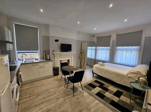 a bedroom with a bed and a kitchen with a fireplace at Entire apartment L B Haringey, Alexandra palace in London