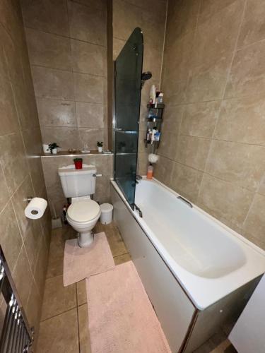 a bathroom with a toilet and a tub and a sink at Double bedroom in chelsea in London