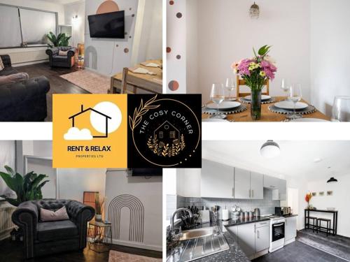 a collage of photos of a kitchen and a living room at 3 Bedroom House Near Bolton Town Centre, Quiet, Parking, Garden, near Motorway in Bolton