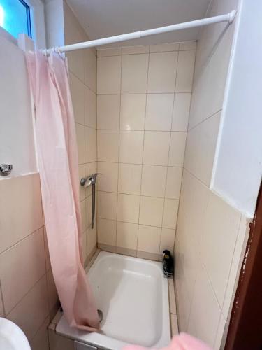 a bathroom with a tub with a pink shower curtain at Ubytování Sýkora Apartments in Veľký Meder