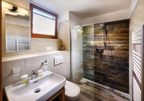 uma casa de banho com um WC, um lavatório e um chuveiro em Chalets Jasná Collection - Apartments em Demanovska Dolina