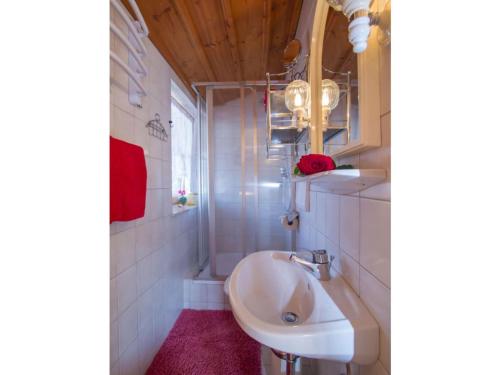 a small bathroom with a sink and a mirror at Guest house pension Neumayer in Fieberbrunn