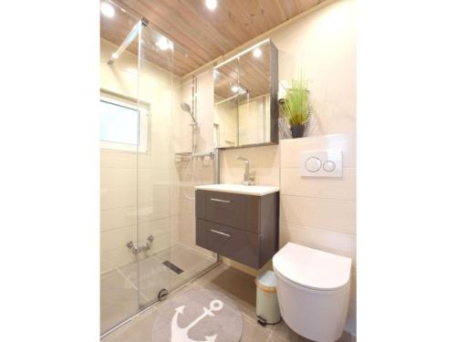 a bathroom with a toilet and a shower and a sink at Holiday home coastal dream in Schönhagen