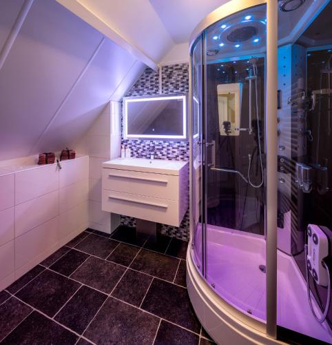 a bathroom with a shower and a sink at Londons Cottage in Hilversum