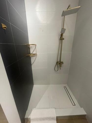 a shower with a glass door in a bathroom at Marisah Residence #3 in Otopeni
