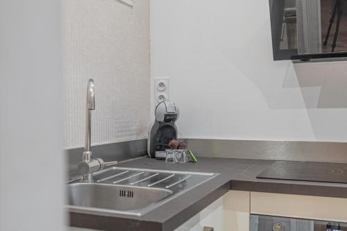 un comptoir de cuisine avec un évier et un mitigeur dans l'établissement Luxury Cinephile - Netflix - 2 Balcons - Garage Privé - Minibar, à Grenoble