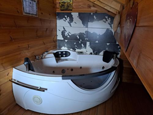 eine Badewanne in einem Zimmer mit einer Holzwand in der Unterkunft Chez Sof et Flo in Bugny