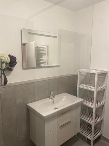uma casa de banho branca com um lavatório e um espelho em Köln Zentrum - Top Wohnung für 8 Personen em Colónia