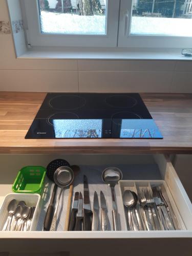 a drawer filled with utensils in a kitchen at SUB ROSA Two-Bedroom Apartment in Balatonfenyves