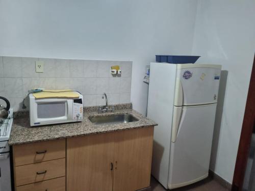 cocina con fregadero, nevera y microondas en Espacio Belgrano departamento centrico en Salta
