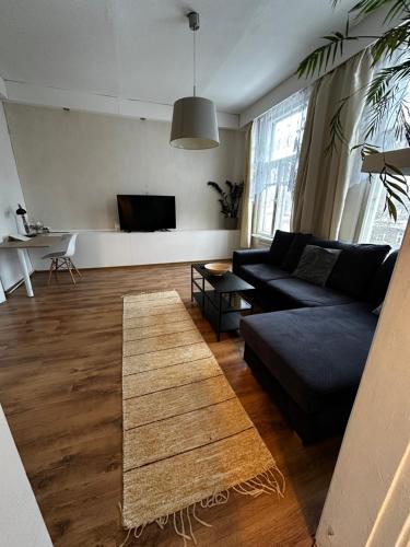 a living room with a couch and a tv at Family Apartment near Kadriorg Swan Pond in Tallinn
