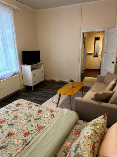 a living room with a couch and a tv at 1 Bedroom Apartment near Kadriorg Swan Pond in Tallinn