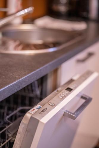 a close up of an oven with a counter top at Kelemen Apartment in Szeged