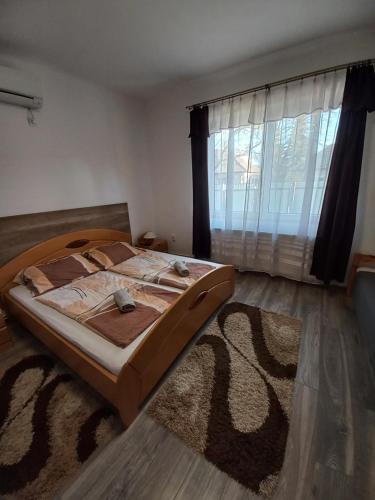 een slaapkamer met een bed en een groot raam bij Aquatherma Apartman in Sárospatak