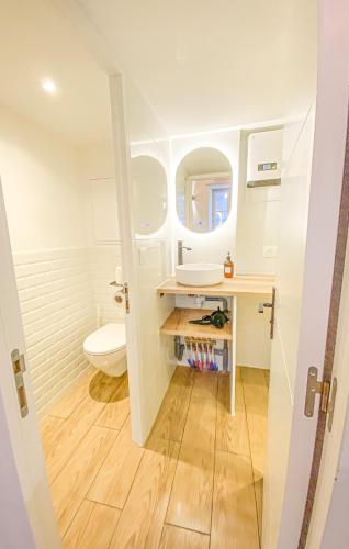 une salle de bain avec toilettes, lavabo et miroir dans l'établissement Charmant Studio Cosy Central, à Manosque
