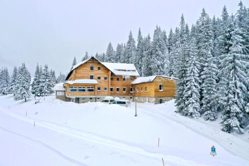 a log cabin in the snow with trees at Hotel Granit Smrekovica in Liptovská Osada