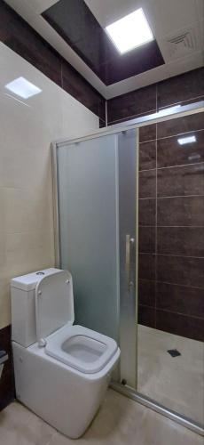 a bathroom with a white toilet and a shower at Gabala Bliss Inn Hotel and Restaurant in Gabala