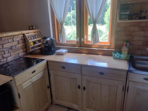 a kitchen with wooden cabinets and a sink and a window at Weekend-Hause in Mădăras