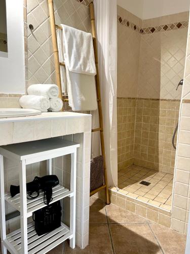 une salle de bain avec un lavabo et une douche dans l'établissement Appartement l'Arancetu vue mer avec piscine, à Biguglia