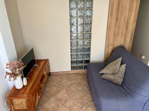 un salon avec un canapé bleu et une télévision dans l'établissement Appartement l'Arancetu vue mer avec piscine, à Biguglia