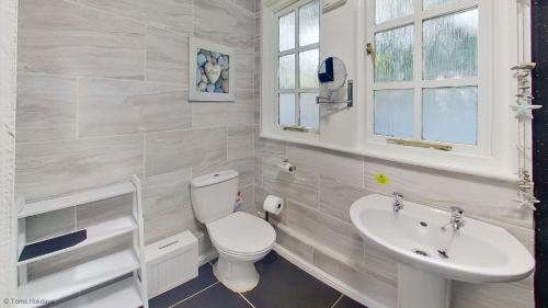 a white bathroom with a toilet and a sink at 12 Tudor Court, Tolroy Manor in Hayle