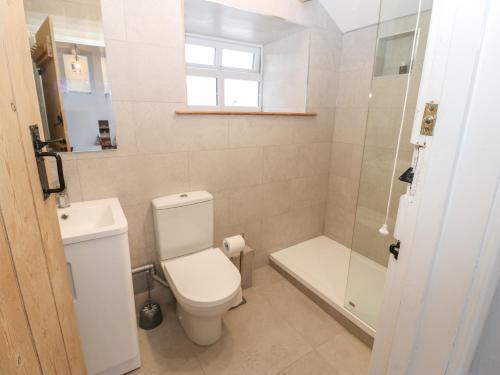 a bathroom with a toilet and a sink and a shower at Swinhope View in Hexham