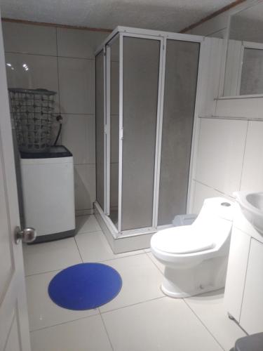 ein weißes Bad mit einem WC und einer Dusche in der Unterkunft Linda cabaña interior con piscina y entrada independiente en concon in Concón