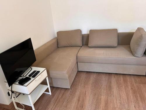 ein Wohnzimmer mit einem Sofa und einem Tisch mit einem TV in der Unterkunft Casa dello sport in Roccaraso