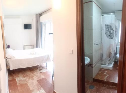 uma casa de banho com um chuveiro e um lavatório. em Hostal Nevot em Granada
