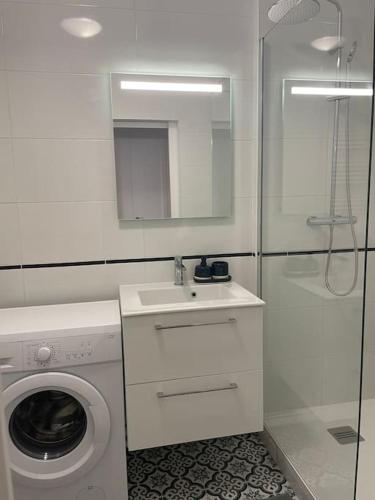 une salle de bain avec une machine à laver et un lavabo dans l'établissement Le Botanique - À deux pas de Paris - 319B, à Rueil-Malmaison