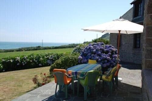 a table and chairs with a bunch of grapes on it at Les Tamaris 4 étoiles in Omonville-la-Rogue